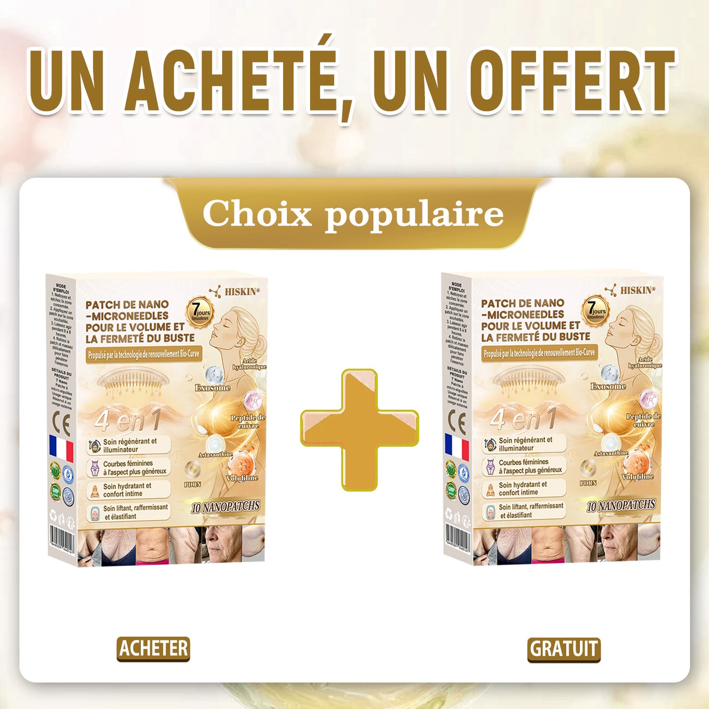 HISKIN® Patch à nano-microaiguilles pour le volume, le galbe et la fermeté de la poitrine – Formule Volufiline™ + Exosomes + Peptides de cuivre, enrichie par la technologie de renouvellement cellulaire