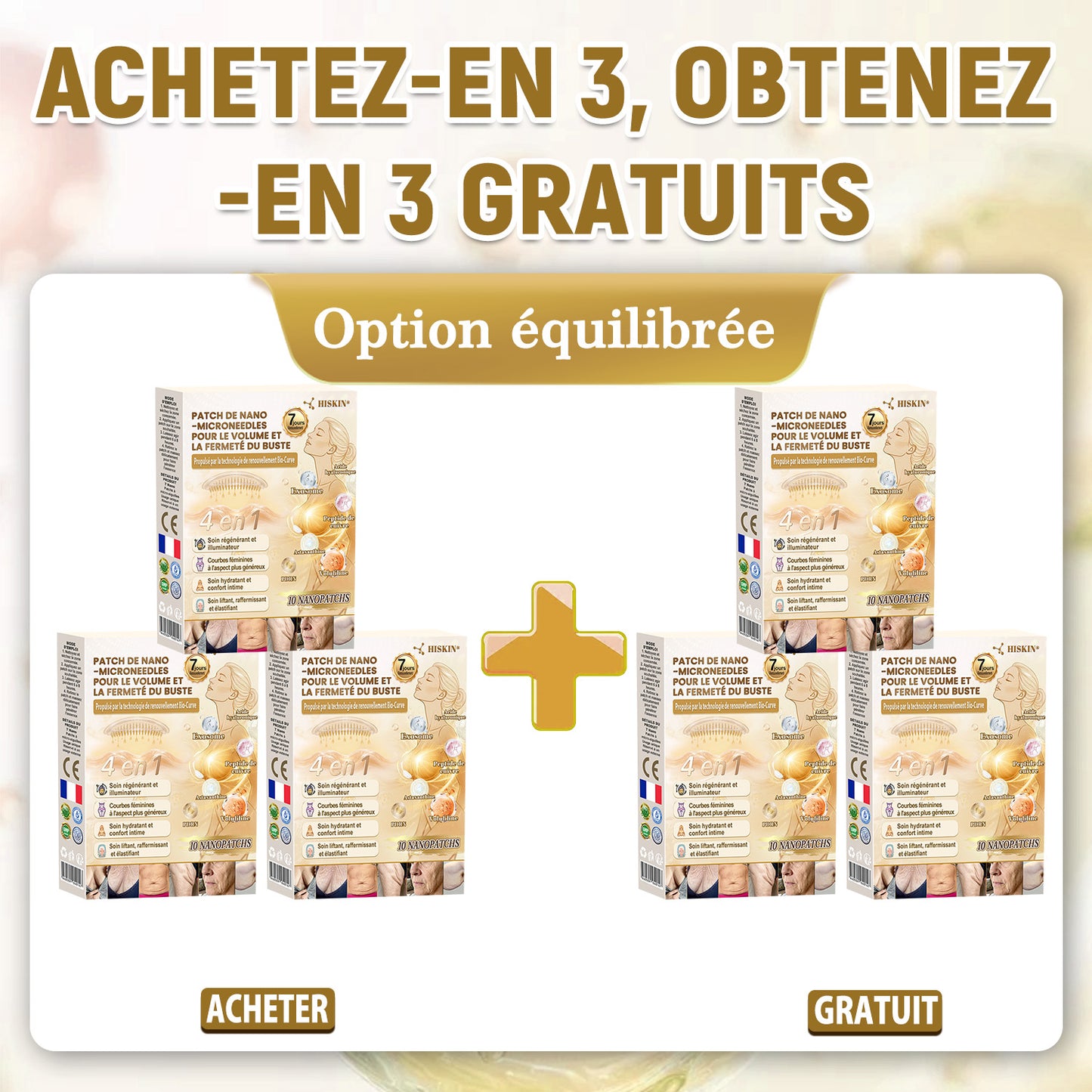 HISKIN® Patch à nano-microaiguilles pour le volume, le galbe et la fermeté de la poitrine – Formule Volufiline™ + Exosomes + Peptides de cuivre, enrichie par la technologie de renouvellement cellulaire
