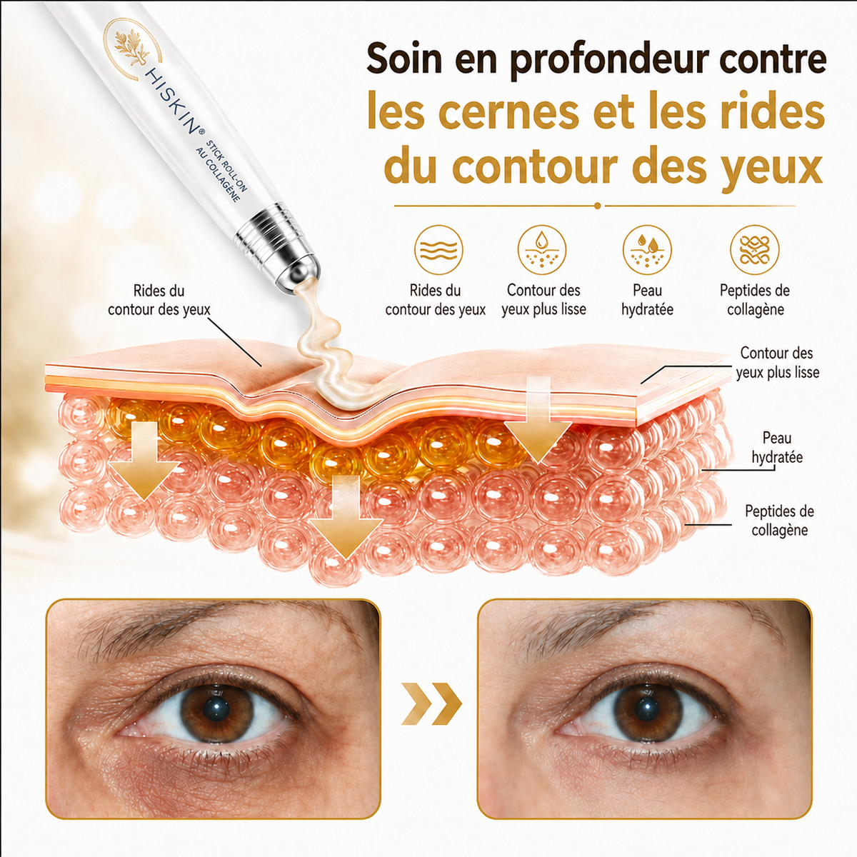 HISKIN® Golden Silk Protein Peptide Beauty Pen — Soin beauté ciblé pour les rides, le contour des yeux et les lèvres | Résultats visibles dès 3 jours ✨
