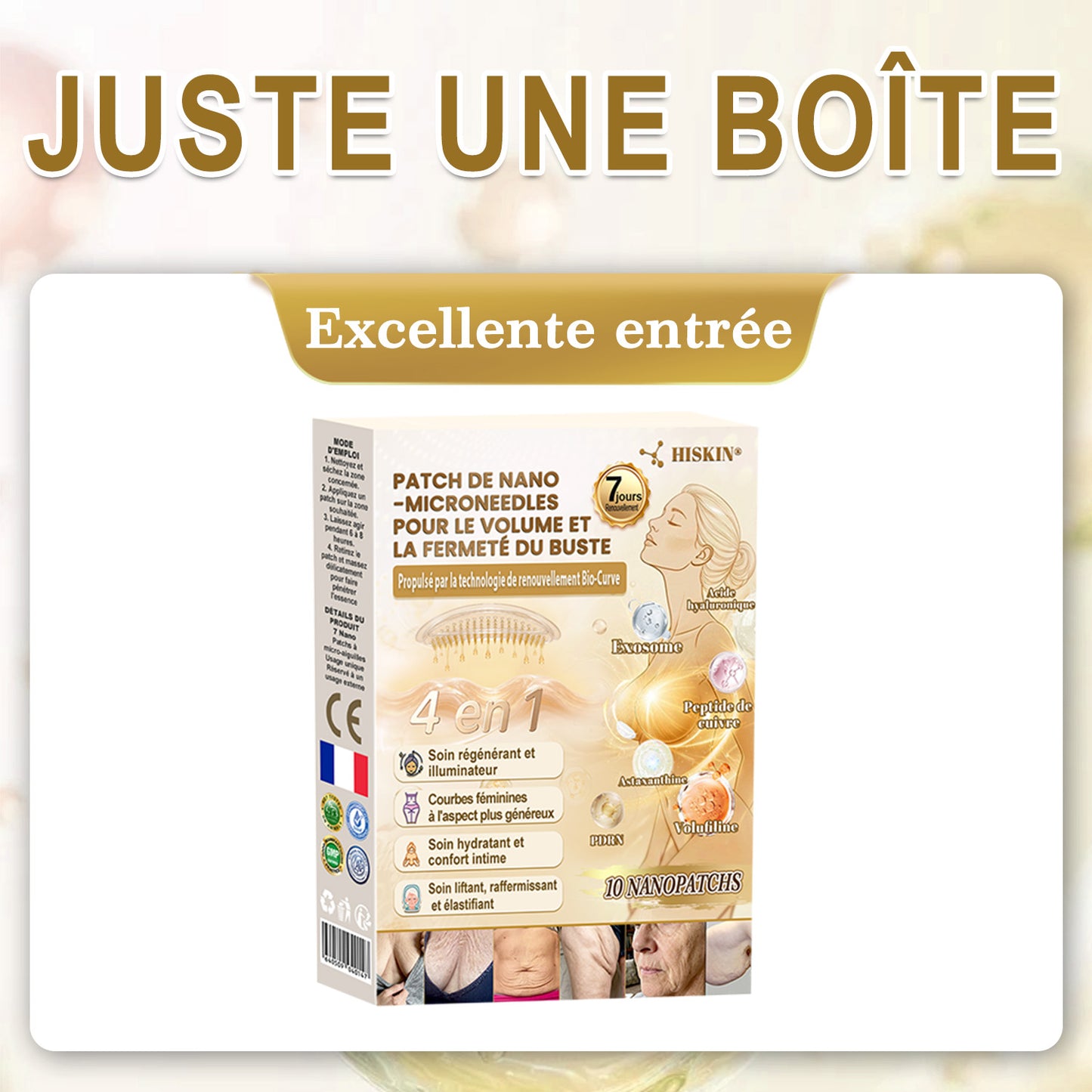 HISKIN® Patch à nano-microaiguilles pour le volume, le galbe et la fermeté de la poitrine – Formule Volufiline™ + Exosomes + Peptides de cuivre, enrichie par la technologie de renouvellement cellulaire